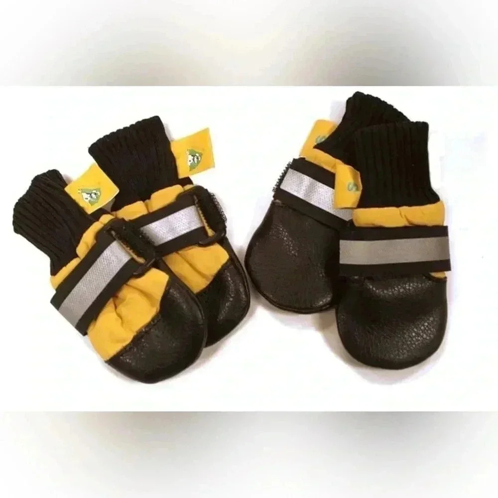 Champion Dog Booties Yellow Nylon and Black Leather Velcro Reflective Tape NEW